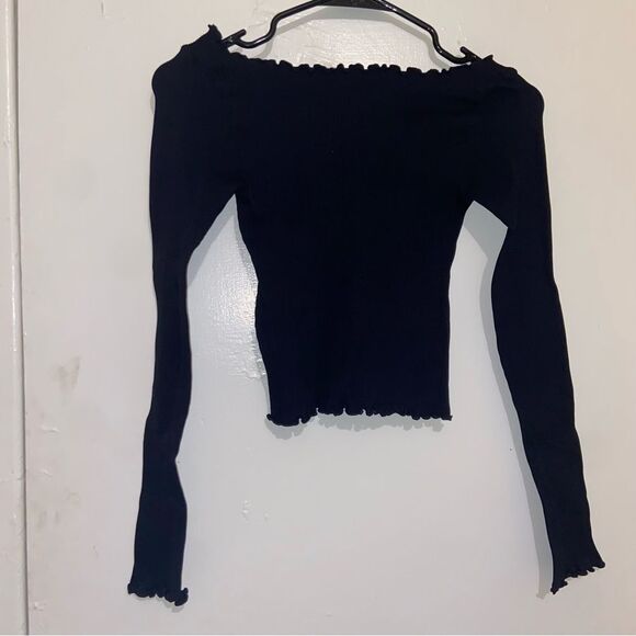 Free People Intimately Black Lettuce-Edge Crop Long Sleeve Top XS/S - Picture 3 of 6